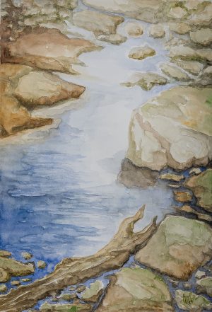 Beige stenar vid vatten inkl, ram - Akvarell